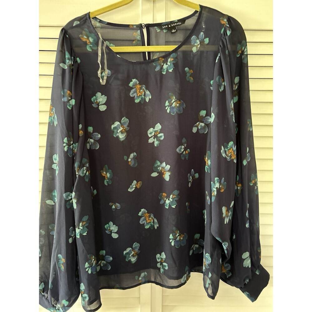 Zac & Rachel Women's Top Size L Long Sleeve Semi Sheer Flowing Sleeves Navy Blue